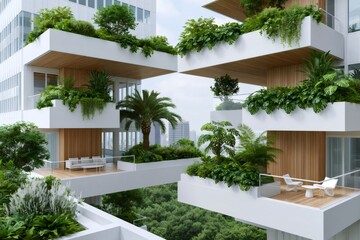 Naklejka premium Green architecture building with vertical gardens and lush plants