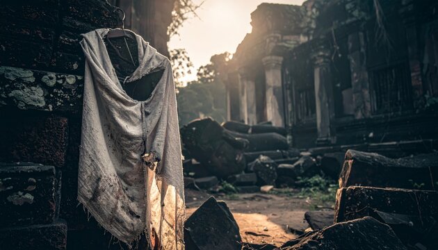 Threadbare Cape Draped Over Fallen Statue in Ancient Ruins