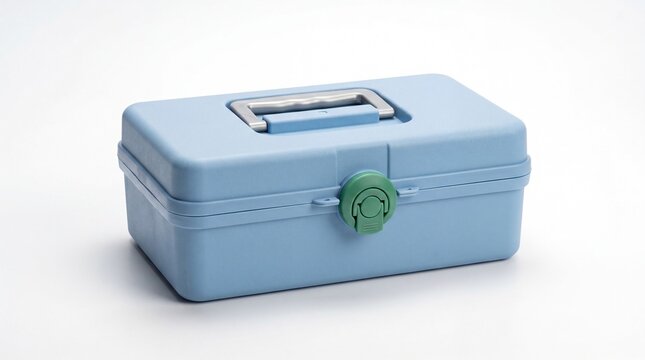 Light blue plastic storage box with a handle and green latch