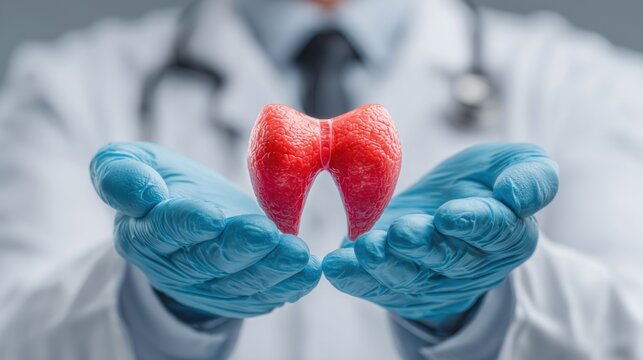 Doctor holds a model of the thyroid gland during a medical demonstration in a clinic setting