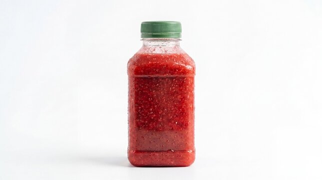 Small plastic bottle of red chili sauce with green cap