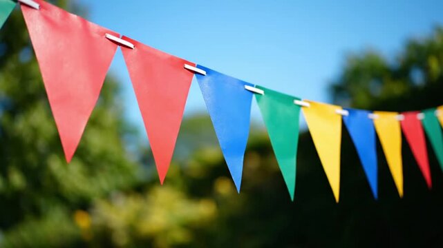 Colorful triangular pennant banner outdoors.