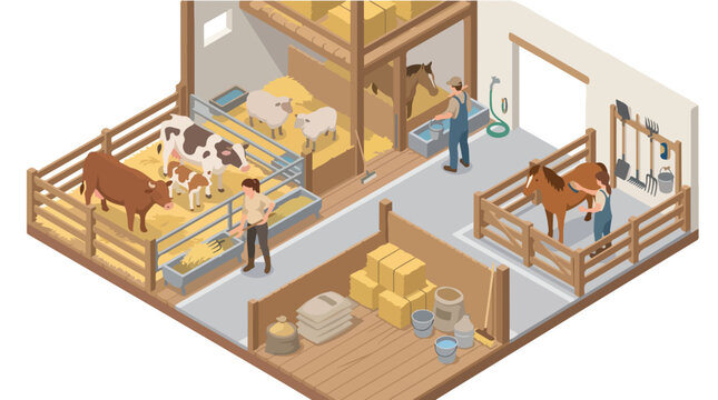 Isometric farm interior illustration depicting farmers caring for livestock including cows sheep and horses in barn stalls