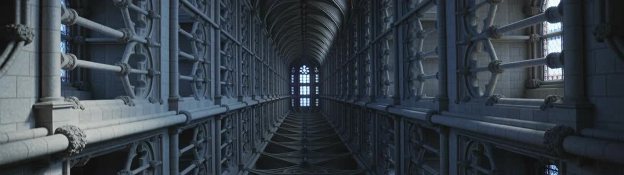 Gothic church interior showing vaulted ceiling architecture and long nave with patterned windows.