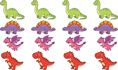 Cute Cartoon Dinosaur and Dragon Vector Collection Featuring Tyrannosaurus Rex, Stegosaurus, Brachiosaurus, and Mythical Pink Dragon for Children Educational Materials and Nursery Wall Decor © Rownok