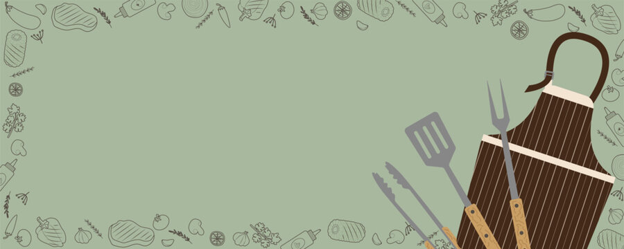 Horizontal barbecue banner with striped apron and professional grill tools on green background