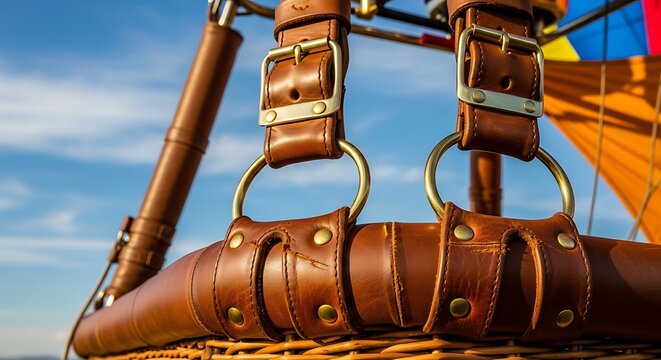 Close up of weathered leather straps with brass buckles