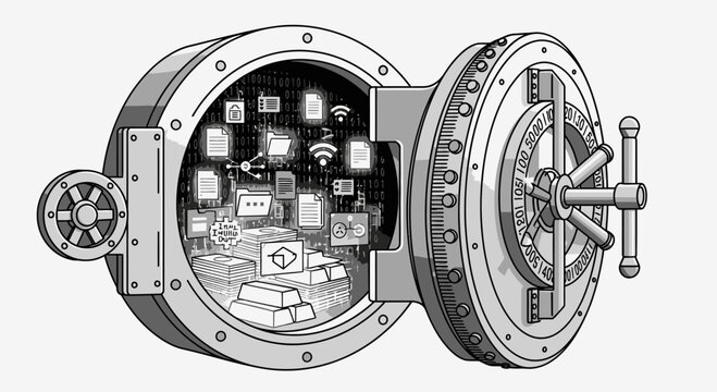 Digital Data Security Concept with Open Vault and Gold Bars