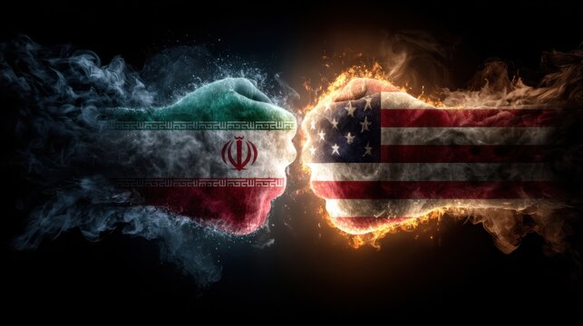 Conflict between Iran and United States represented by flags in smoke and fire during an artistic display
