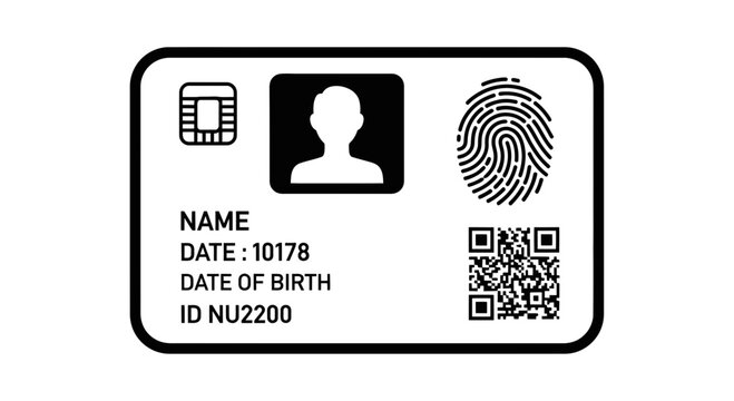 Digital Identification Card Icon with Biometric Fingerprint and QR Code