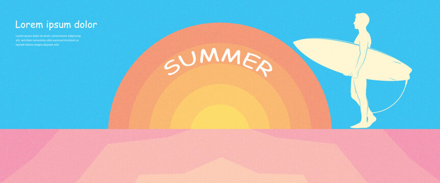 Vibrant summer beach scene with surfer and colorful sunset