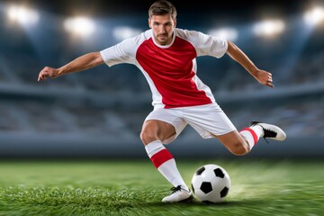 Obraz premium Soccer player kicking ball on stadium pitch