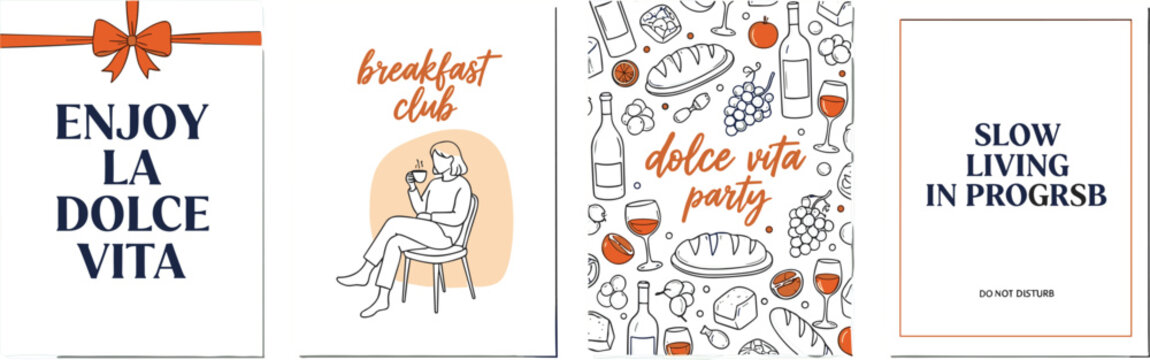 Vector bundle of four minimalist line art print designs with Italian dolce vita breakfast and slow living themes.