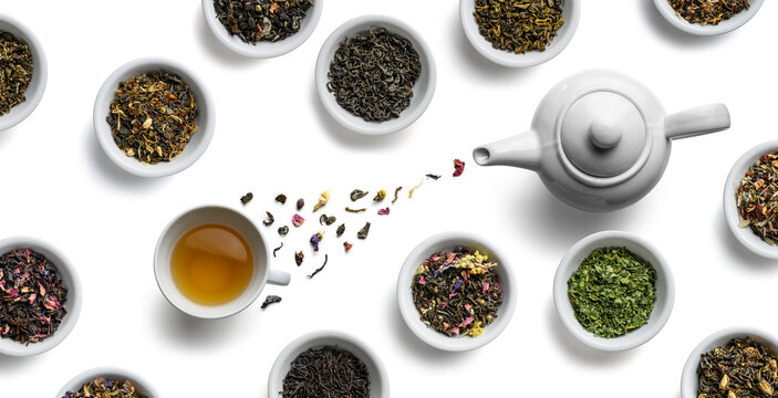 Exclusive design of the tea assortment. Top view on a white background