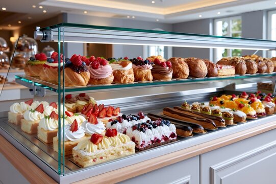 Pastries and cakes displaying on a dessert buffet