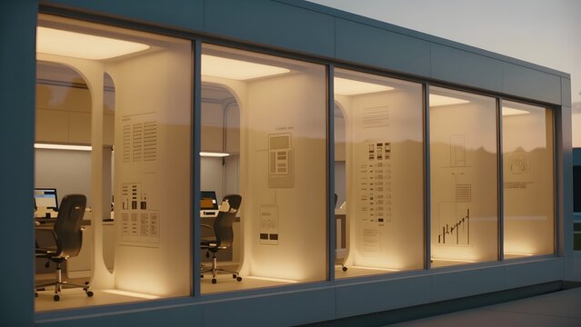 4. A cinematic architectural cross-section reveal of a futuristic data chamber with internal warm amber luminescence, multiple glowing chamber sections connected by flowing conduits, golden hour inter