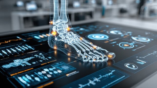 Digital display shows a 3D model of a human foot with data points in a medical center during a technology demonstration