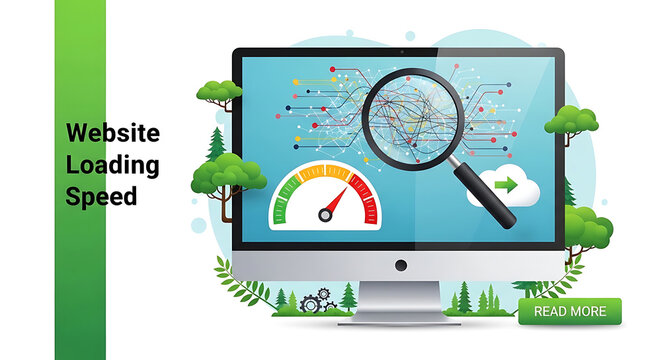A graphic illustration shows a computer monitor with a magnifying glass on a speedometer and network diagram on the screen.