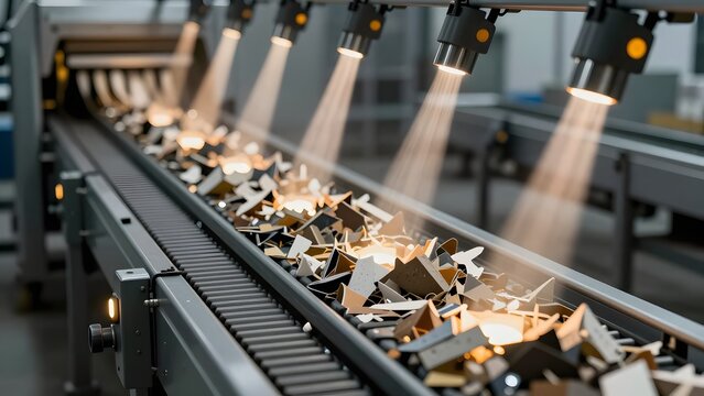 29. An industrial sorting line hero with conveyor belt and various waste materials being intelligently classified into separate streams by glowing scan beams, industrial aesthetic with cool metallic t
