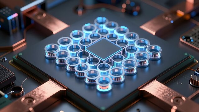 47. A photorealistic render of a quantum computing processor chip with exotic superconducting qubit array visible as precisely arranged loops under dramatic top-down raking light, surrounding cooling