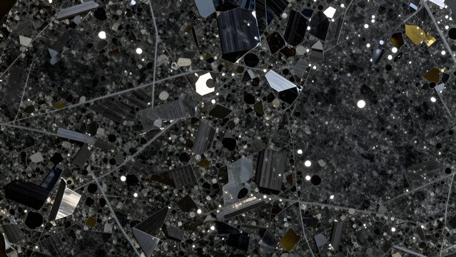 52. A photorealistic close-up macro of polished dark basalt stone surface showing complex crystalline micro-structure of interlocking augite and plagioclase crystals at various orientations, highly po