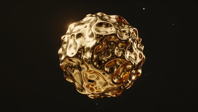 54. A photorealistic render of molten gold liquid forming a perfect sphere suspended in midair, surface alive with complex surface tension ripples creating organic topography, warm studio light source