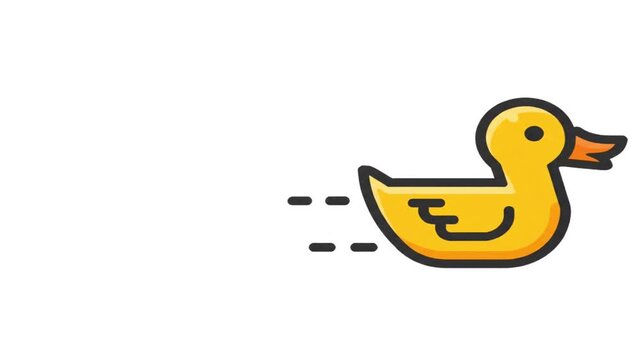 A simple, stylized yellow rubber ducky with a black outline, appearing to move quickly with dashed lines behind it.