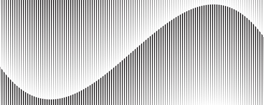 Abstract optical illusion with vertical black lines forming a wave-like shape. Geometric distortion creates a hidden sinusoidal pattern through contrast and spacing. Minimal black and white design.