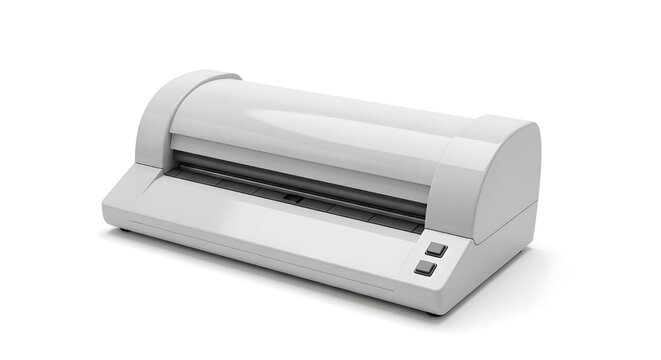 Compact Office Document Laminator On White Solid Background, Modern Machine Designed For Protecting Papers, Photos, And IDs With Glossy Film, Perfect For Home Or Professional Use