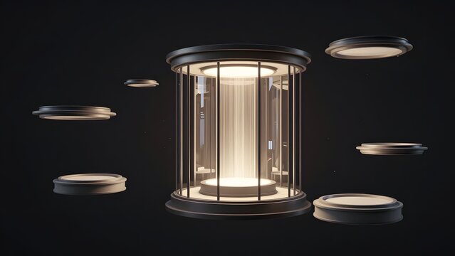 76. A photorealistic three-dimensional render of an architectural data chamber with internal glowing core, surrounded by orbiting smaller chambers at varying distances, deep dark background, atmospher