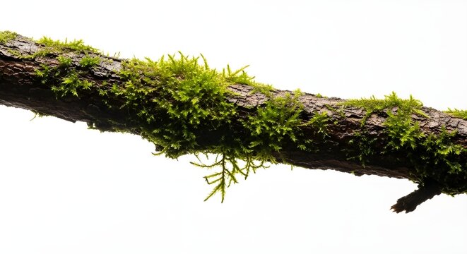 Moss Covered Twig On White Solid Background, Small Natural Branch With Green Moss Texture, Symbolizing Forest Ecology, Biodiversity, And Organic Plant Growth.