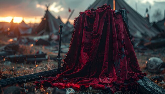 Torn Bloodstained Velvet Cloak on Broken Trebuchet Arm