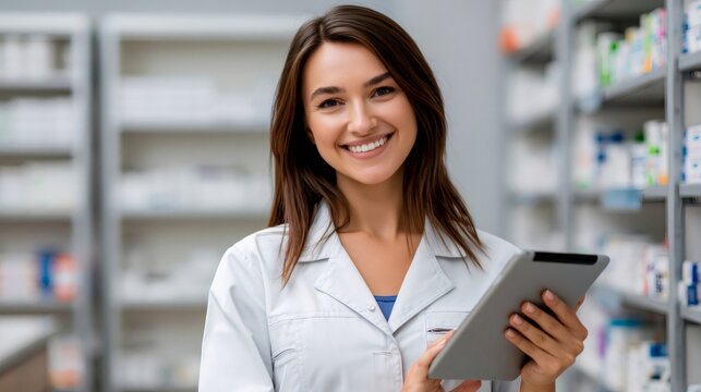 Female pharmacist using digital tablet smiling in pharmacy
