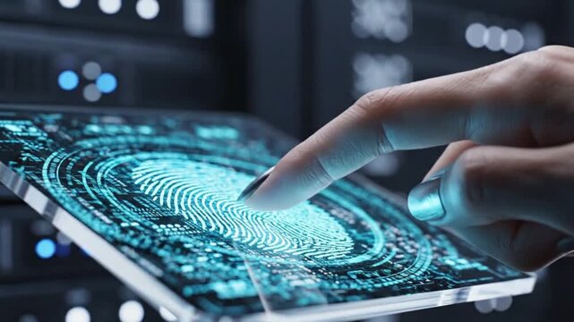 Finger Touching Futuristic Biometric Screen.