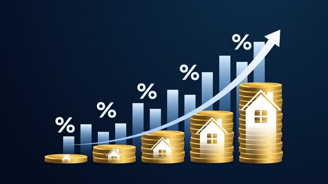 Stacked gold coins with house icons and bar chart illustrate real estate investment growth, increasing mortgage interest rates, and rising property value for finance, banking, and market analysis