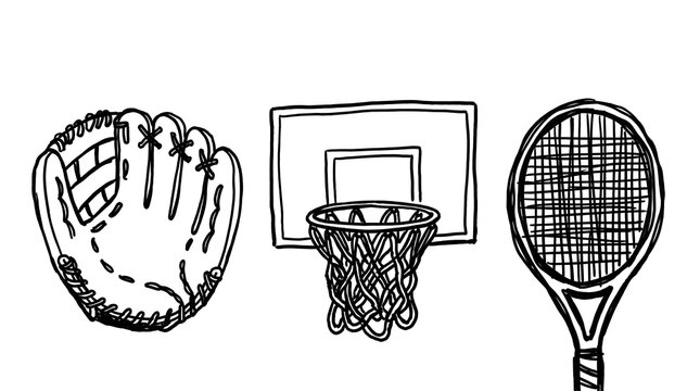 Professional Athletic Sports Equipment Collection Featuring Basketball And Tennis In Minimalist Doodle Line Art