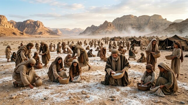 Biblical wilderness miracle: manna food, Israelite gather, desert journey, God send, heaven provide, exodus event, Egypt departure, forty year, sacred sustenance, daily provision, Sabbath rest.