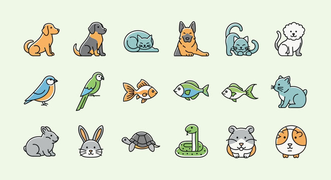 Cute Pet Icons Collection: Dogs, Cats, Birds, Fish, Rabbit, Hamster, Turtle, Snake