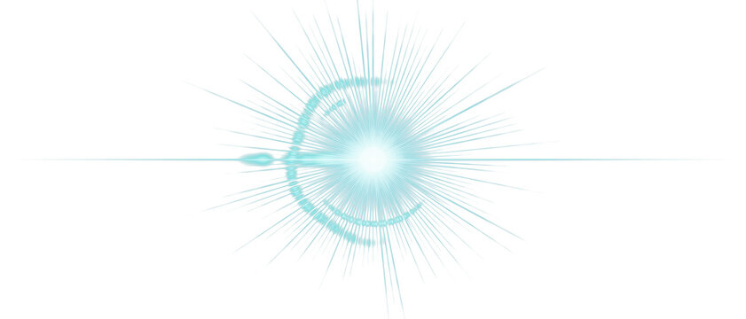 Cyan anamorphic starburst lens flare with glowing rings on Transparent Background