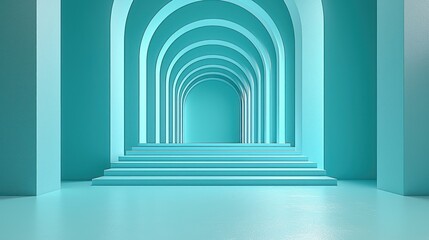 Fototapeta premium Light blue corridor with arched doorways and staircases leading into the distance, modern and minimalist