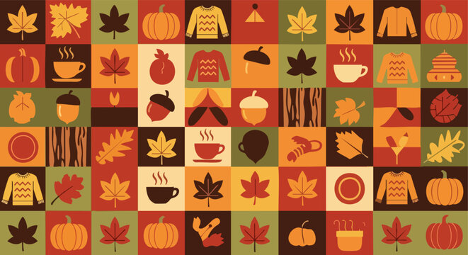 Autumn Seamless Pattern. Fall Seasonal Icons. Flat Vector Illustration. Cozy Harvest Background.