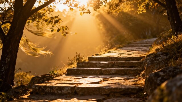 Stone steps in a sunlit forest