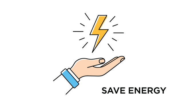 Hand holding a yellow lightning bolt icon with save energy text to promote power conservation and environmental sustainability concepts.