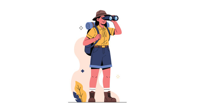 Young female explorer in camping gear looking through binoculars while on a hiking adventure in the wild.
