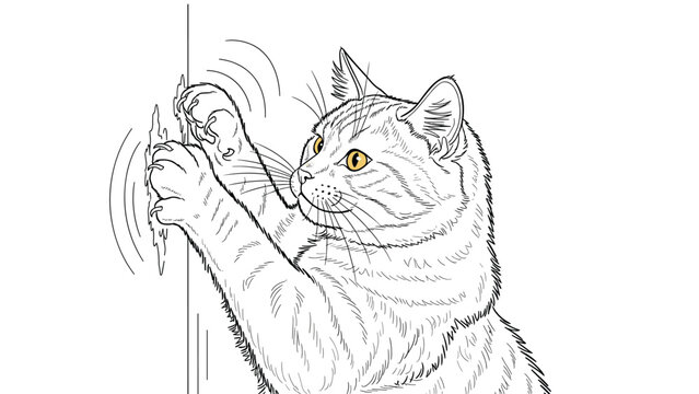 Tabby cat with sharp claws stretches and scratches vigorously on wall surface indoors showing natural feline behavior.