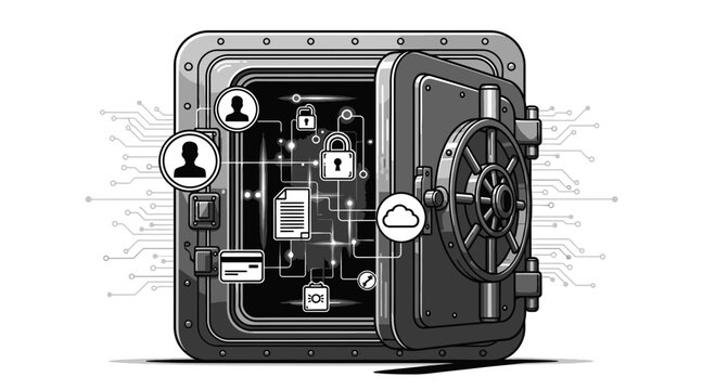 Digital Security Vault with Data Icons and Circuit Board Background