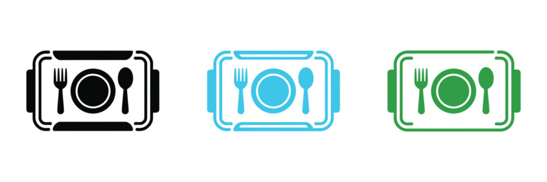 Food plate with spoon and fork icon set for restaurant cafeteria service vector illustration in black blue and green styles.
