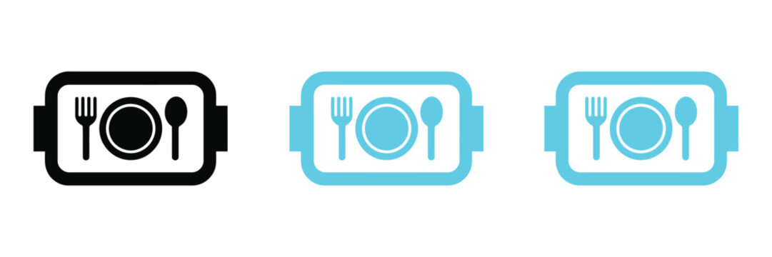 Food plate with spoon and fork icon set for restaurant cafeteria service vector illustration in black blue and green styles.