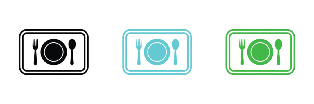 Food plate with spoon and fork icon set for restaurant cafeteria service vector illustration in black blue and green styles.