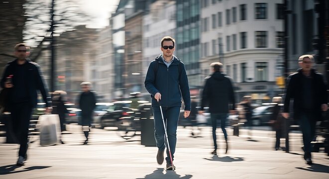 Visually Impaired Man Navigates Busy City Street
